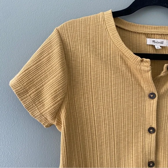 Madewell Pointelle Button-Front Slim Tee, Gold Color with Brown Buttons, Size S - Picture 6 of 11